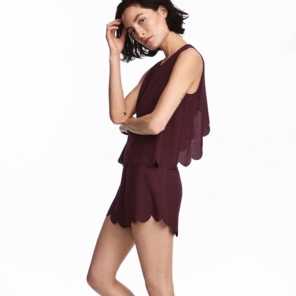burgundy scallop romper